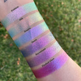 Top angled arm swatches on light skin tone of Hilt Electric Multichrome Eyeshadow shifts compared to Emblem, Tessera, Quest, Rayonnant and Flashed Glass