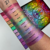 Top angled arm swatches on fair skin tone of Cinder, Signet, Oriel, Mural, Niello, Motif, Emblem, Hilt, Tessera, Quest, Rayonnant and Flashed Glass