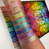 Top angled arm swatches on fair skin tone of Etched Glitter Multichrome Eyeshadow shifts compared to Trinket, Flare, Embellishment, Flagstone, Ciel, Glaziers Mark and Adornment