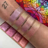 Top angled arm swatches on fair skin tone of Palace Pearlescent Multichrome Pigment shifts compared to Baroque, Renaissance and Sceptre