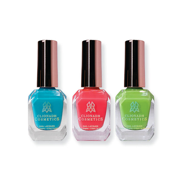 Bright Blooms Nail Lacquer Trio in front of a white background.