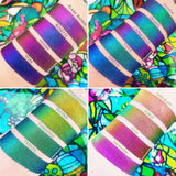 Collage of top angled arm swatches on fair skin tone of Jewelled Multichrome Bundle shifts