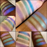 Collage of Top angled arm swatches on deep and fair skin tone of Keystone Pastel Multichrome Eyeshadow shifts next to Tower, Cathedral, Turret