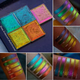 Collage of Azure Deep Iridescent Multichrome Eyeshadow angle shifts teal-blue-purple compared to Verte, Burnt Sienna, Ochre, Vermilion