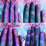 Finger swatches of Crown Glass Jewelled Multichrome Eyeshadow angle shifts teal-indigo-pink-red-orange-gold