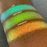 Low angled arm swatch on deep skin tone of Lux Iridescent Multichrome Eyeshadow shifts compared to Spectrum, Chromatic