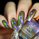 Close up of nails done with Distortion Nail Lacquer featuring a design to show off the magnetic effect on fair skin tone