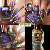 Collage of nails done with Distortion Nail Lacquer on fair, medium and deep skin tone and a close up shot of the nail lacquer bottle.