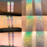 Collage of arm swatches on fair, medium and deep skin tones of Redox Dimensional Multichrome Eyeshadow shifts compared to Solder