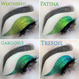 Eye swatches on fair skin tone of Weathered Jewelled Multichrome Eyeshadow shifts compared to Patina, Gargoyle, Trefoil