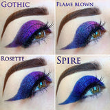 Eye swatches of Flame-Blown Jewelled Multichrome Eyeshadow compared to Gothic, Rosette, Spire