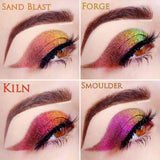 Eye swatches of Kiln Jewelled Multichrome Eyeshadow shifts compared to Sand Blast, Forge, Smoulder