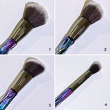 Collage of Stained Glass Collection Brushes including large bronzing brush, a buffing powder brush, angled cheek brush, targeted highlighting brush