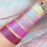 Top angled arm swatches on fair skin tone of Sunbeam, Kaleidoscope, Translucency, Spotlight, Glaziers Mark shifts