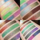 Collage of arm swatches on fair skin tone of 66.5 N Collection including Permafrost Duochrome Eyeshadow
