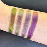 Arm swatches on fair skin tone of Redox Dimensional Multichrome Eyeshadow shifts compared to Forge, Solder and Flame-Blown