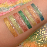 Top angled arm swatches on fair skin tone of Dahlia compared to Aqua Fortis, Sol, Alpine, Honeycrisp, Eye of Newt and Molten