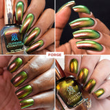 Collage of close up images of nails done with Forge Nail Lacquer on various skin tones.