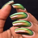 Close up of nails done with Forge Nail Lacquer showing the different shifts on medium skin tone.