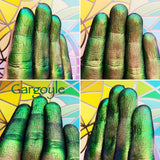 Finger swatches of Gargoyle Jewelled Multichrome Eyeshadow angle shifts warm pewter-lime-emerald-turquoise-indigo-violet