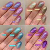 Collage top angled of finger swatch comparisons including Crystalline Duochrome Eyeshadow compared to Enamel, Glazed, Hex