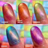 Collage of close up finger swatches on fair skin tone of Empress, Court Jester, Duchess, Diadem and Noble