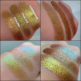 Collage of close up arm swatches comparing Corrosion Glitter Multichrome Eyeshadow, Chalice, Foiling