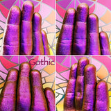 Finger swatches of Gothic Jewelled Multichrome Eyeshadow angle shifts violet-pink-red-orange-gold