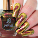 Close up of nails done with Hazard nail lacquer featuring a design to show off the magnetic effect  on fair skin tone.