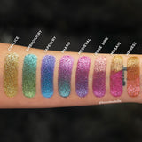 Straight on arm swatches of the Hybrid Multichromes on fair skin. Featuring: Chalice, Embroidery, Tapestry, Shard, Medieval, Rose Line, Mosaic and Heiress.