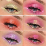 Collage of eye swatches on fair skin tone from The Dragon Fruit Palette featuring Bubbles, Refresh, Strawberry Pear, Dragontini, Infusion, Hylocereus