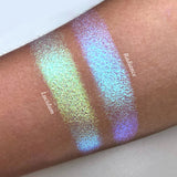 Top angled arm swatches on medium skin tone of Lucidum Series 2 Iridescent Mulitchrome eyeshadow shifts compared to Radiance