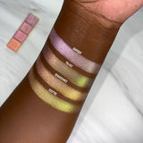 Top angled arm swatches on deep skin tone of Palace Pearlescent Multichrome Pigment shifts compared to Baroque, Renaissance and Sceptre