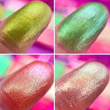 Collage of close up finger swatches from The Dragon Fruit Palette including Cactaceae, Dragonfly, Fruit Fizz, Effervescent