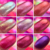 Collage of close up finger swatches from The Dragon Fruit Palette including Bubbles, Refresh, Strawberry Pear, Dragontini, Infusion, Hylocereus, Sweetened, Exotic, Prickly