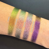 Arm swatches on medium skin tone of Redox Dimensional Multichrome Eyeshadow shifts compared to Forge, Solder and Flame-Blown
