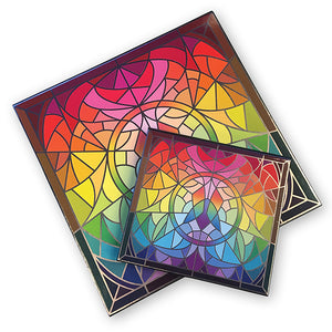 Top angled Mini Stained Glass Magnetic Palette overtop Standard Stained Glass Magnetic Palette