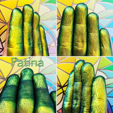 Finger swatches of Patina Jewelled Multichrome Eyeshadow angle shifts gold-lime-emerald-turquoise