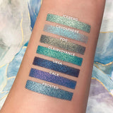 Top angled arm swatches on fair skin tone of Calx compared to Icerberg, Cryosphere, Fog, Clairvoyance, Ursa and Frosted