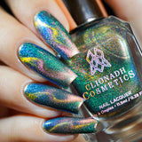Close up of nails done with Psilocybin Nail Lacquer featuring a design to show off the magnetic effect on fair skin tone