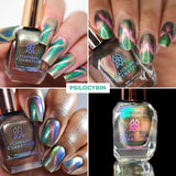 Collage of nails done with Psilocybin Nail Lacquer on fair, medium and deep skin tones and a close up of the nail lacquer bottle.