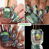 Collage of nails done with Psychonaut nail lacquer on fair, medium and deep skin tones and a close up shot of the nail lacquer bottle.