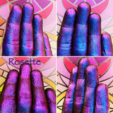 Finger swatches of Rosette Jewelled Multichrome Eyeshadown angle shifts indigo-violet-red-orange-gold
