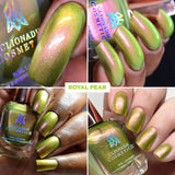 Collage of close up images of nails done with Royal Pear Nail Lacquer on various skin tones