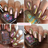 Collage of close up shots of nails done with Cobblestone nail lacquer on various skin tones.
