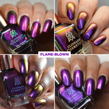 Collage of close up shots of nails done with Flame-Blown nail lacquer on various skin tones.