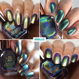 Collage of close up shots of nails done with Niello nail lacquer on various skin tones.