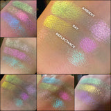 Close up hand swatches on fair skin tone of Ray Iridescent Multichrome Eyeshadow shifts compared to Ambient, Reflectance