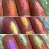 Close up Finger swatches of Series 2 Iridescent Multichrome Eyeshadow Bundle featuring Aura, Ray, Halo, Chromatic, Spectrum, Lux, Phosphorescent, Fluoresce, UV