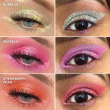 Collage of close up eye swatches on fair and medium skin tone of Bubbles, Refresh and Strawberry Pear